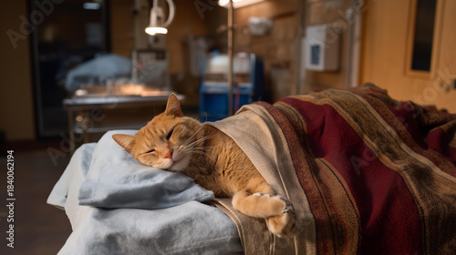 A sterile veterinary surgical suite where an animal patient rests under warming blankets while the team prepares anesthesia equipment sterilized minutes earlier — pet surgery hygiene, clinical