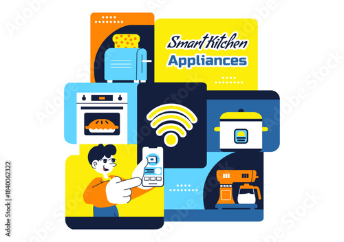 Smart Kitchen Appliances Illustration for Modern Home with Connected Cooking Technology and Innovative Digital Household Devices in a Background