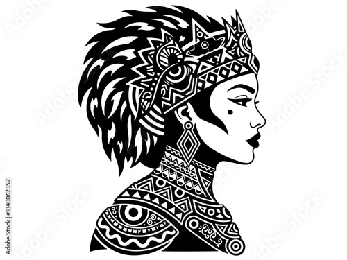 Stylized profile portrait of a woman with an elaborate tribal headdress and intricate patterns.