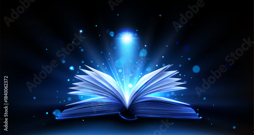 Open magic book with bright light glowing on black background. Vector realistic illustration of holy bible pages, old spell book with hard cover and sparkles, education literature, wisdom miracle