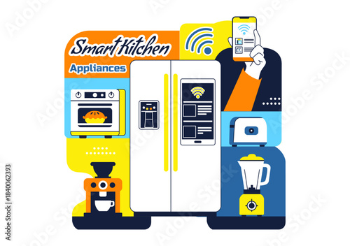Smart Kitchen Appliances Illustration for Modern Home with Connected Cooking Technology and Innovative Digital Household Devices in a Background