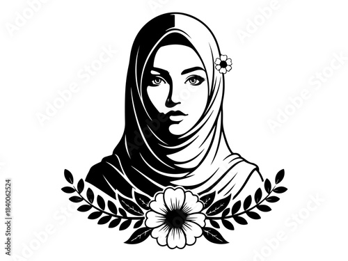 Black and white vector illustration of a beautiful woman wearing a hijab with floral elements and a decorative wreath.