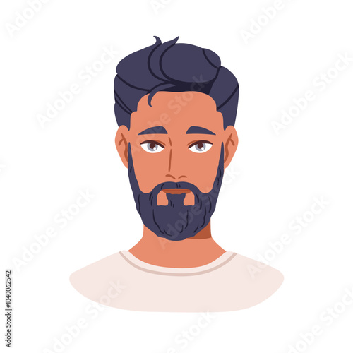 Man avatar, head portrait. Handsome young male character with hairstyle, beard. Person user profile with calm neutral emotion, face expression. Flat vector illustration isolated on white background