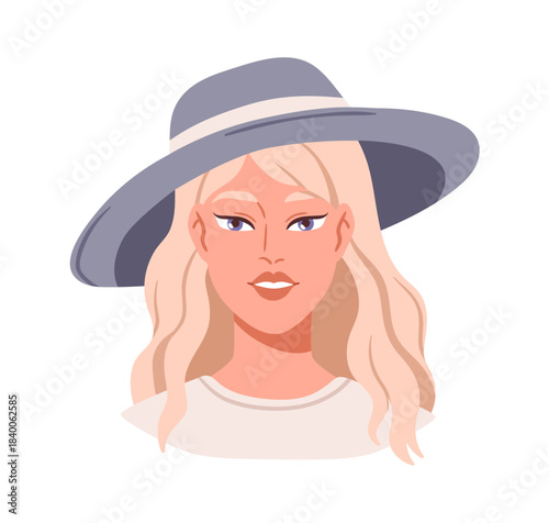 Woman in elegant wide brim hat, face avatar. Young attractive female character with long flowing wavy blond hair, chic headwear, head portrait. Flat vector illustration isolated on white background
