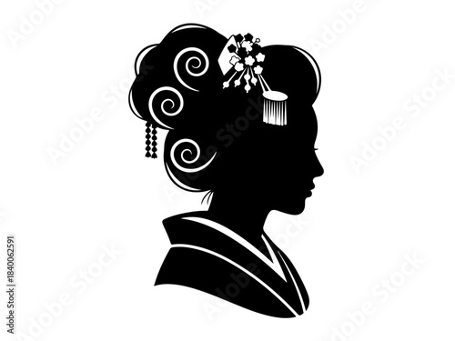 Black silhouette of a woman in profile with an elaborate traditional Japanese hairstyle and decorative hairpins, wearing a kimono.