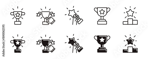 Icons Representing Trophies, Awards, and Victory Keywords: trophy, award, winner, victory, success, star, podium, first place, achievement, prize, competition, champion, celebration, cup