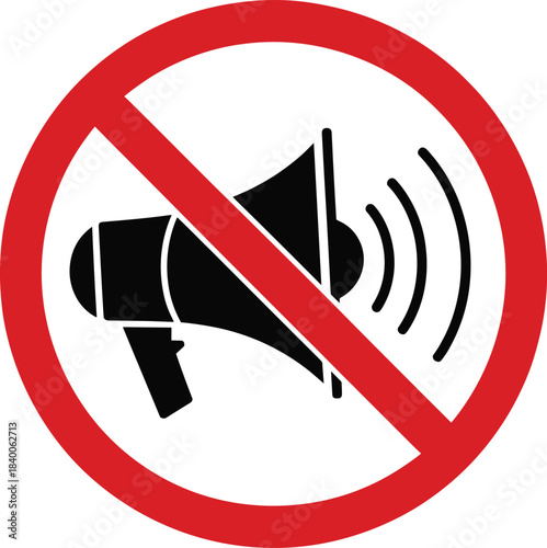 No loudspeaker symbol, black megaphone with red prohibition sign, sound restriction icon, quiet zone warning, flat vector illustration