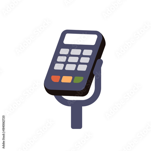 POS terminal, payment device. Electronic digital machine for contactless wireless paying. Bank card reader, checkout cashless gadget icon. Flat vector illustration isolated on white background