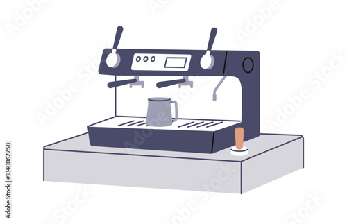 Professional coffee machine. Espresso and cappuccino brewing device, pro gadget, tool, barista equipment, appliance for cafe, coffeehouse. Flat vector illustration isolated on white background