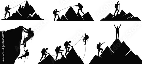 Mountain climbing teamwork silhouette set, adventure and achievement icons, rope support scenes, summit victory poses, flat vector illustration