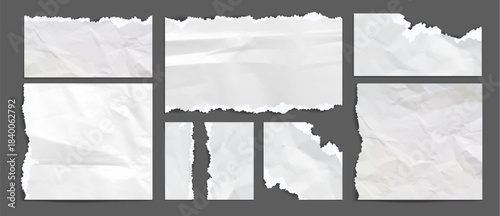 Torn crumpled paper pieces set isolated on background. Vector realistic illustration of blank old notebook sheet or diary page with wrinkled surface, memory note, grunge banner design elements