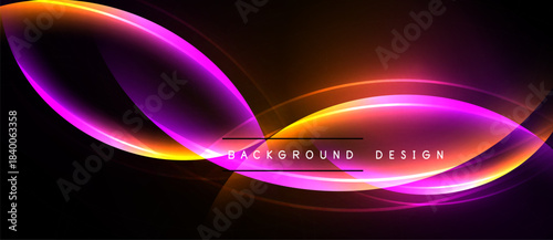 Abstract neon lines form flowing shapes against dark backdrop. Vibrant orange, purple hues create dynamic visual effect. Modern design element.