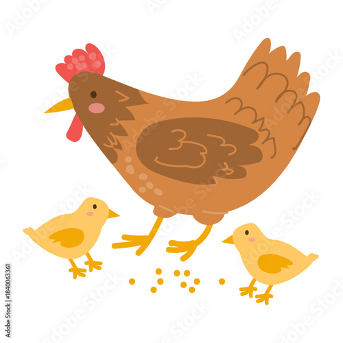 Cartoon mother hen with chicks. Vector illustration isolated on transparent background. Cute hen - farm bird in kids style. Flat vector illustration.