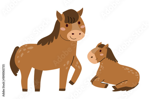 Cute horse with little cold isolated. Horse with baby kid animal in cartoon flat style.