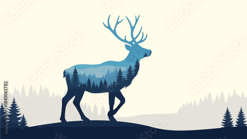 Double Exposure Deer Forest Vector Silhouette with Night Sky Trees Snowfall and Atmospheric Wildlife Art