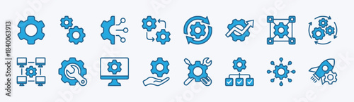 Set of blue engineering and technology icons on a light gray background