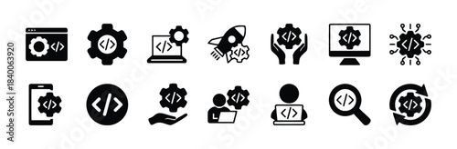 Set of Coding and Development Icons Keywords: coding, programming, development, software, technology, computer, laptop, mobile, app, gear, cogwheel, rocket, launch, hands, monitor, circuit