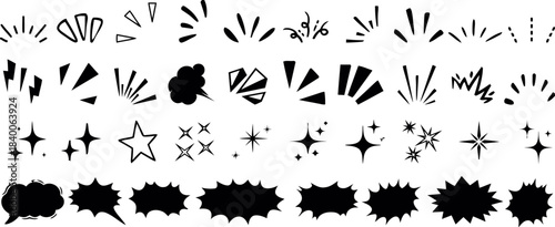 Set of Comic Style Explosion and Speech Bubble Graphics Keywords: explosion, burst, star, sparkle, comic, manga, speech bubble, sound effect, graphic, design, element, abstract, shape