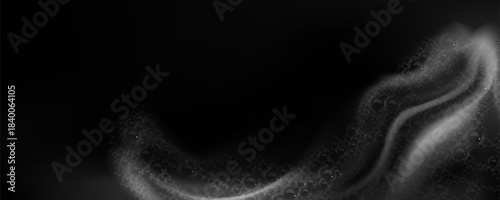 Soap foam corner frame on black background. Vector realistic illustration of shampoo bubbles on glass, frothed shower gel smear, water blobs on surface, wash sponge trace texture, detergent effect