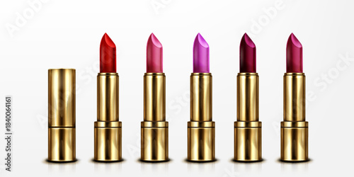 Lipstick set with golden tubes and colorful tips on white background. Realistic 3D cosmetic collection in red, pink and purple shades with luxury lipstick cases. Beauty product and makeup brand mockup