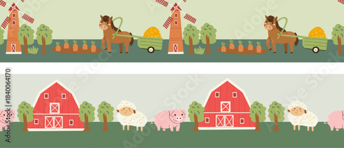 Cartoon farm border with cute animals and farmhouse, mill. Cute pig and sheep, horse with harvest, funny animals border for children books, stickers, rooms.