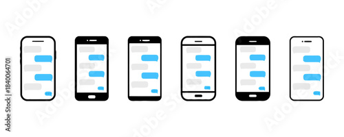 Six Smartphone Icons Showing Chat Bubbles On White Background