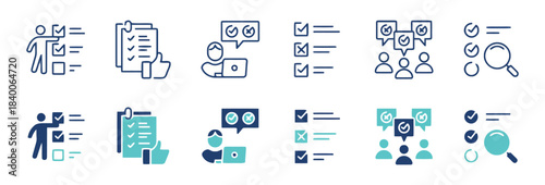 Survey and Feedback Icons Set Keywords: survey, feedback, checklist, clipboard, checkmark, thumbs up, person, user, group, people, magnifying glass, search, analysis, opinion, review