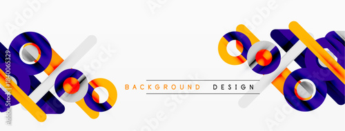 Modern abstract design features colorful geometric shapes. Background includes blue, orange, gray elements. Simple, clean aesthetic.