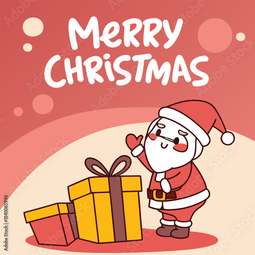 Cute santa claus with christmas gifts and merry christmas greeting,    A charming cartoon illustration of Santa Claus with gifts, wishing everyone a Merry Christmas in a festive, warm color palette.