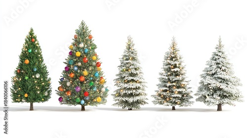Various Christmas trees on a pure white background, adorned with colorful balls and lights