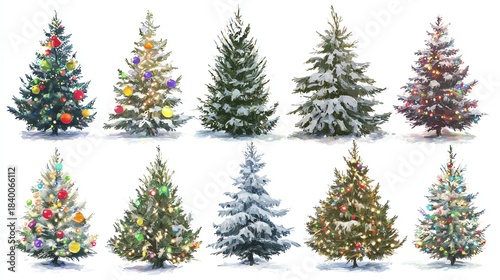 Various Christmas trees on a pure white background, adorned with colorful balls and lights