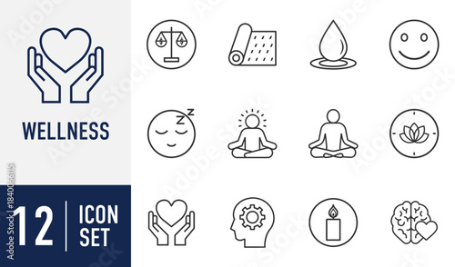 Wellness line icons set. featuring health, yoga, balance, relaxation, sleep, and mental well-being symbols. Vector