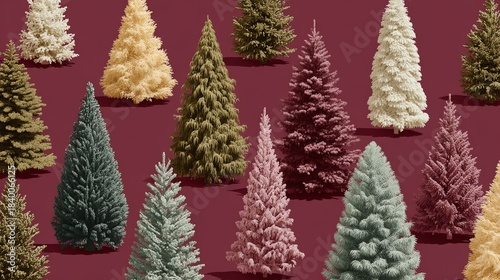 Various Christmas trees on a solid color background 