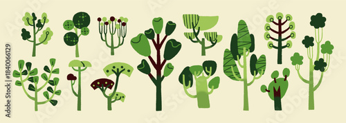 Abstract green trees set. Doodle woods with different shapes of crown and trunks. Forest plants with leaves and branches. Woodland nature. Flat isolated vector illustrations on white background