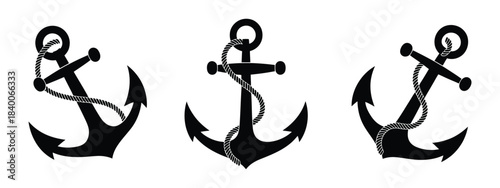 Ship Anchor with Rope Icon Set – Nautical Vector Collection Featuring Marine Anchors, Ropes, and Sea-Themed Symbols for Maritime Design Projects