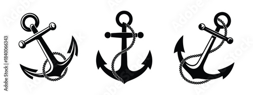 Ship Anchor with Rope Icon Set – Nautical Vector Collection Featuring Marine Anchors, Ropes, and Sea-Themed Symbols for Maritime Design Projects