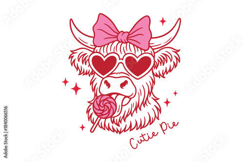 Cute Highland Cow with Sunglasses and Lollipop Vector Illustration Valentine T Shirt Design