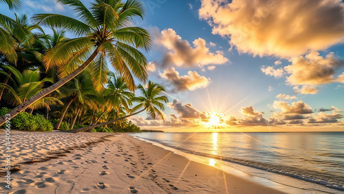 Tropical beach with palm trees at sunrise ocean