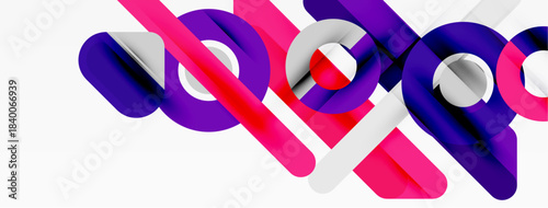 Abstract design features vibrant overlapping shapes. Purple, pink, red, white hues create dynamic composition. Modern aesthetic.