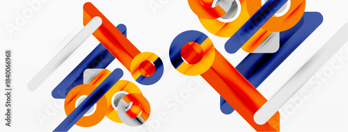 Abstract geometric composition. Orange, blue, white shapes intersect creating dynamic visual effect. Minimalist design, modern aesthetic.