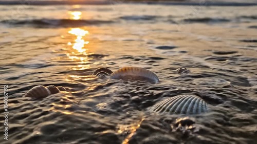 Seashells on the Beach at Sunset with Gentle Waves.