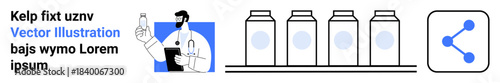 Healthcare, pharmaceutical processes, data sharing, modern medicine, connectivity, scientific progress. A doctor holding a bottle, medicine bottles on a conveyor and a share symbol. Healthcare