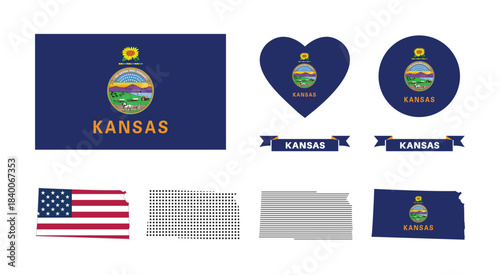 Kansas flag and map set. The American state flag of Kansas in official colors and proportions. January 29th celebrations, maps, circles, and the heart of Kansas.