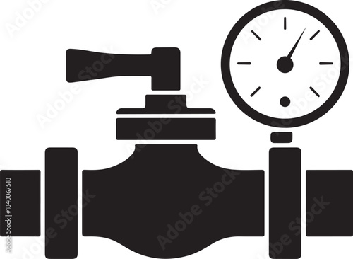 pipeline valve system silhouette icon with lever handle and pressure gauge vector illustration 