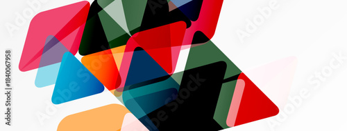 Abstract composition featuring overlapping colorful triangles. Shapes vary size, opacity creating dynamic visual effect. Modern design.