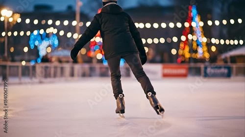Rear view of person ice skating on outdoor rink at night with festive Christmas lights and bokeh background