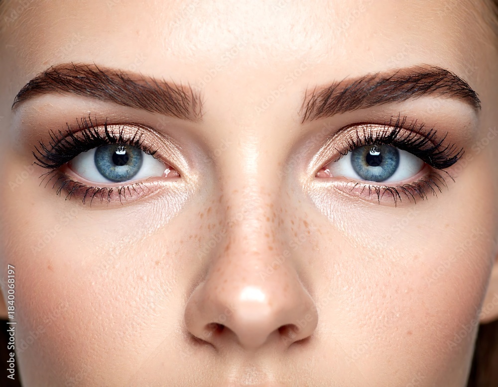 Obraz premium Close-up of a fair-skinned woman's face, showcasing blue eyes
