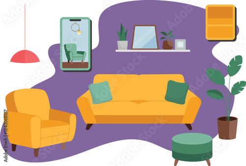 Living room interior design vector illustration with furniture and decor items