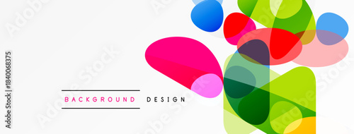 Abstract colorful shapes overlap, creating vibrant background design. Simple text labels indicate purpose, clean aesthetic.