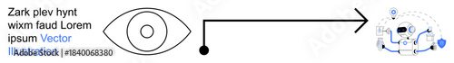Data security, AI innovation, visual recognition, automation, technology workflow, cybersecurity. Eye icon with arrow leading to AI system. Data security and AI innovation concepts